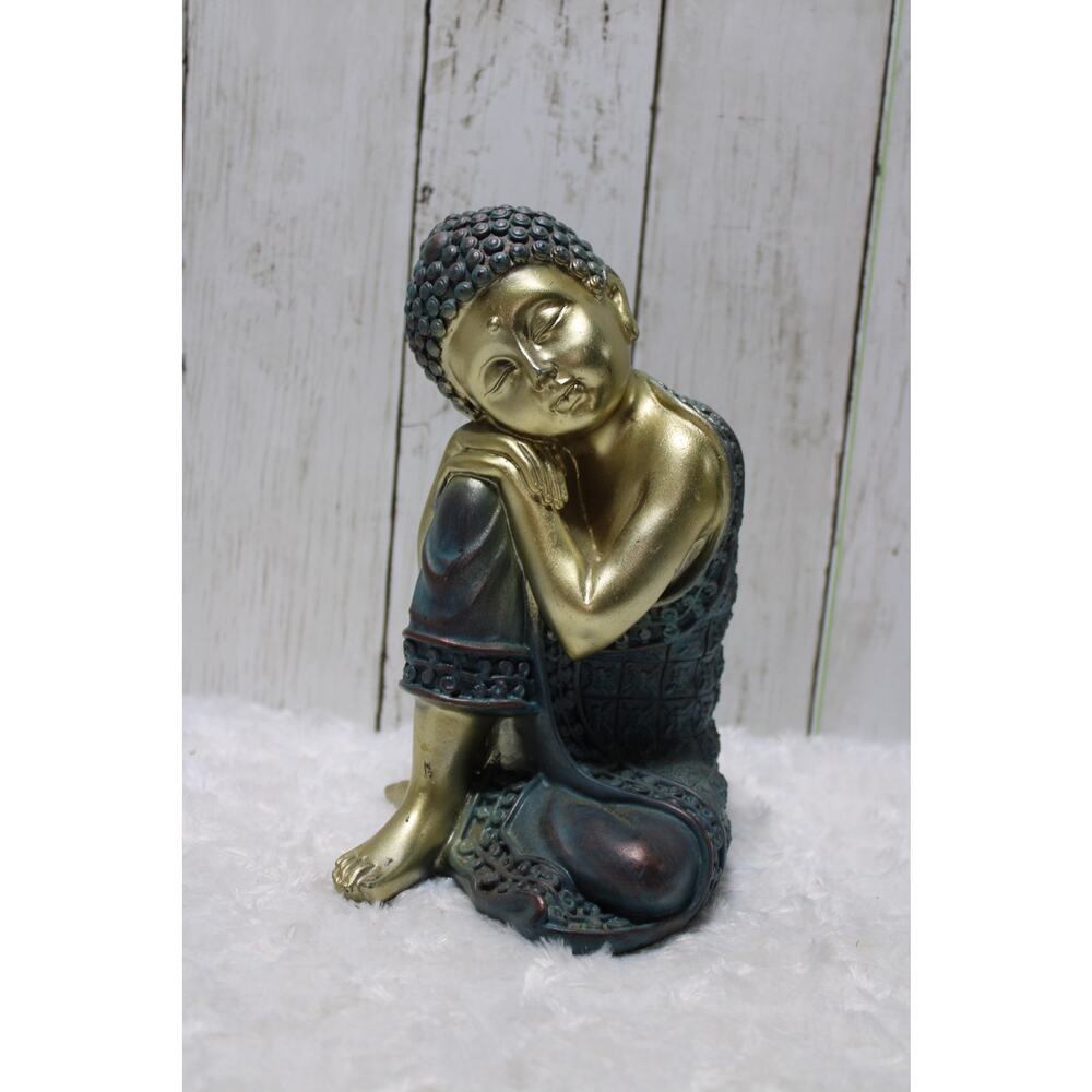 Sleeping Buddha Statue Figurine Gold & Teal Resin Meditation Decor 7.5”